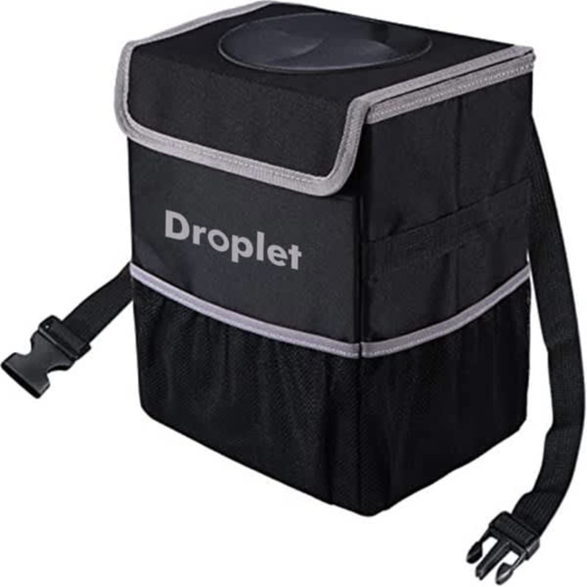 A waterproof, leakproof black trash can with a grey trim and adjustable strap, featuring a logo on the front.