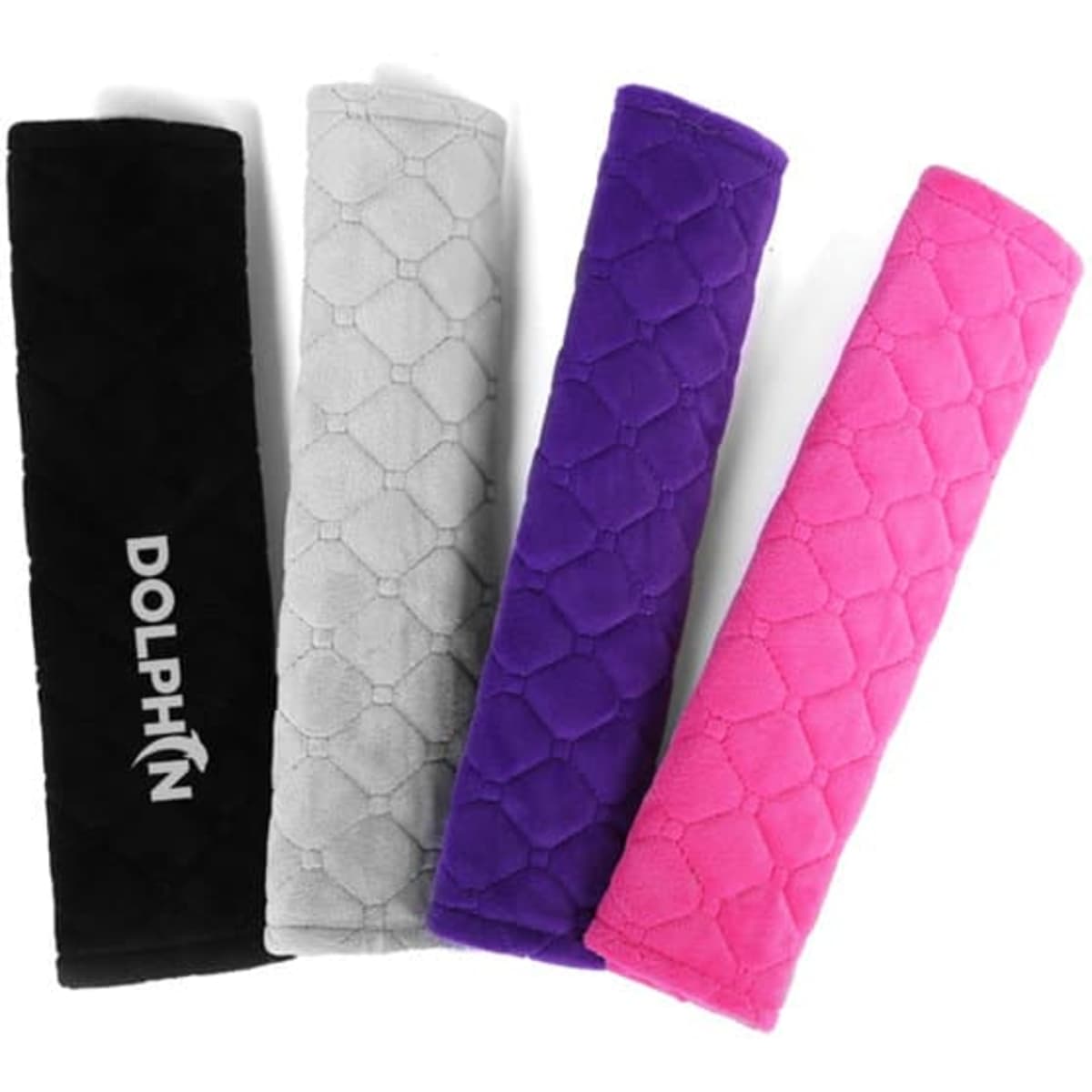 Car seat belt cover pads in black, grey, purple, and pink, featuring a logo on one pad.
