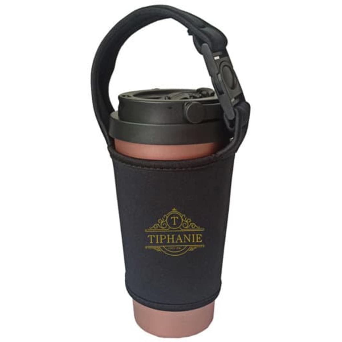 A drink bottle carrier in black with a shoulder strap, holding a copper-coloured tumbler featuring a logo.