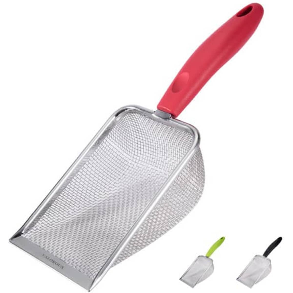 A litter scoop for cats with a stainless steel mesh head and a red plastic handle, featuring two additional smaller scoops.