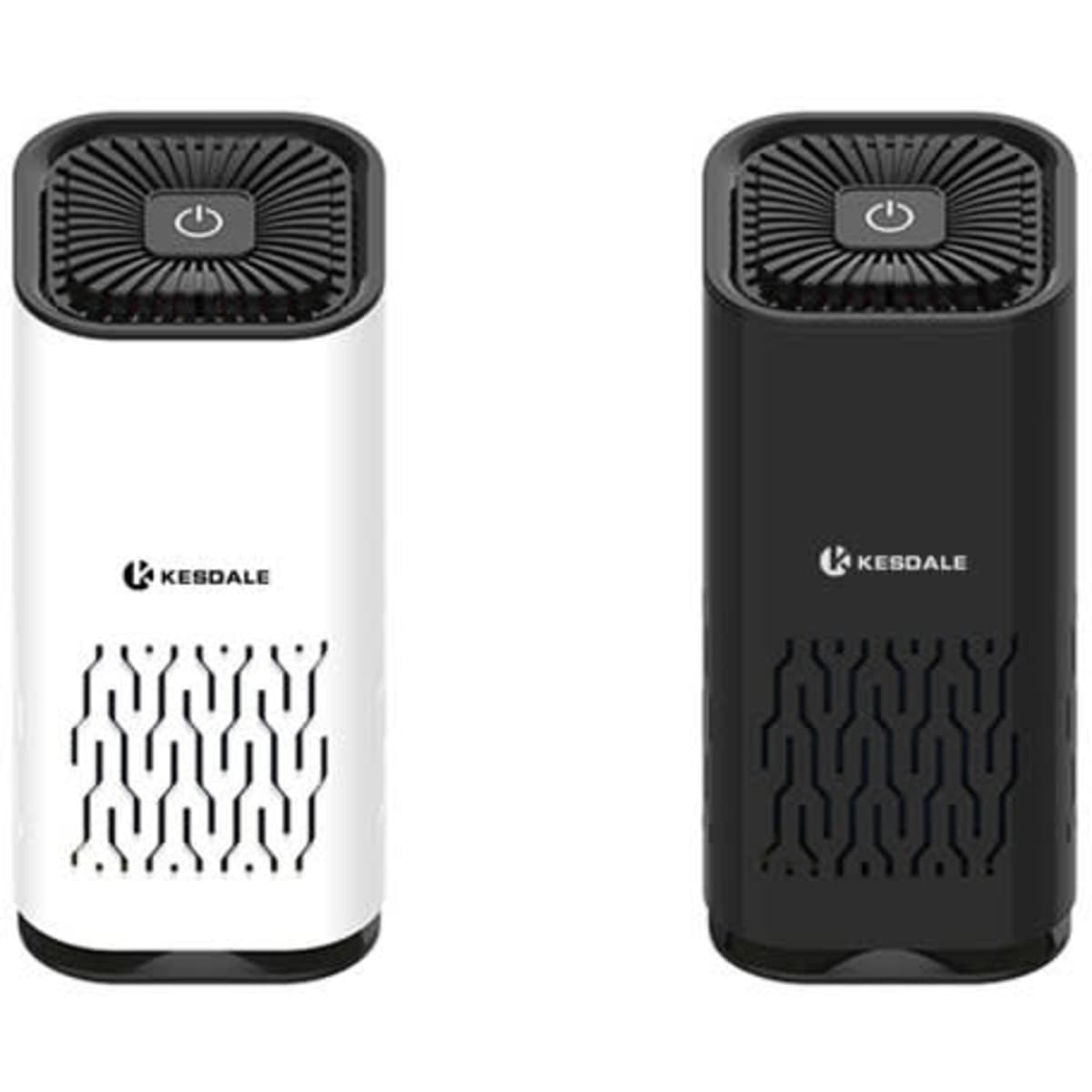 A mini portable air purifier in white and black, featuring a compact design and a power button on top.
