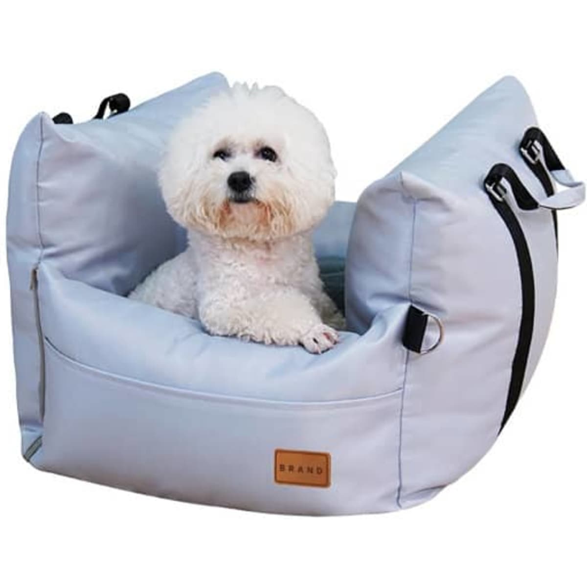 A light blue dog car seat with a plush interior, featuring a small white dog comfortably seated inside.
