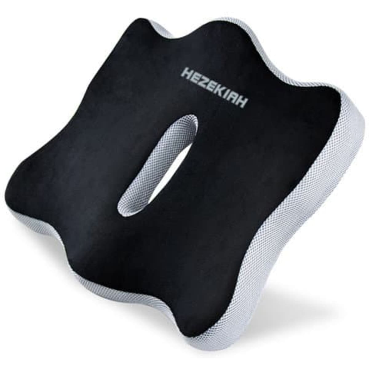 A black memory foam car seat pad with a cut-out section and a textured edge. Features a logo on the surface.