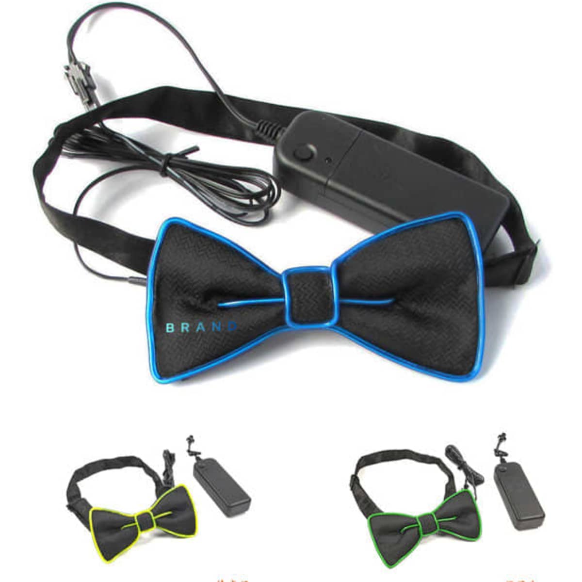 A black bow tie with blue, yellow, and green accents, featuring a battery pack and adjustable strap.