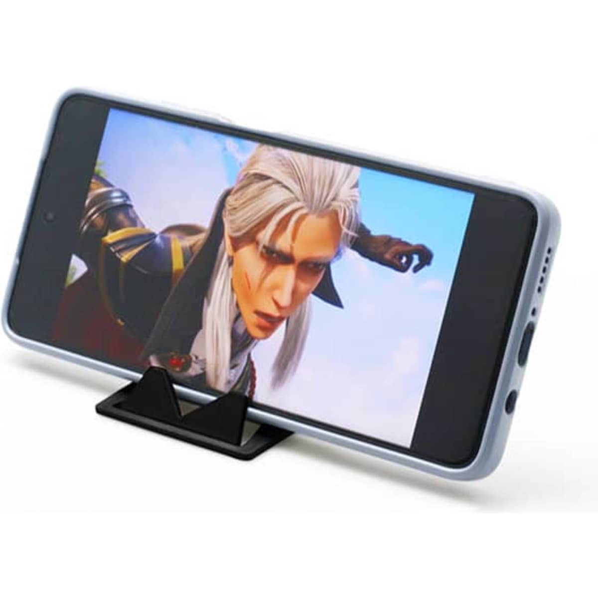 A mobile phone holder in black, supporting a smartphone displaying an animated character on its screen.