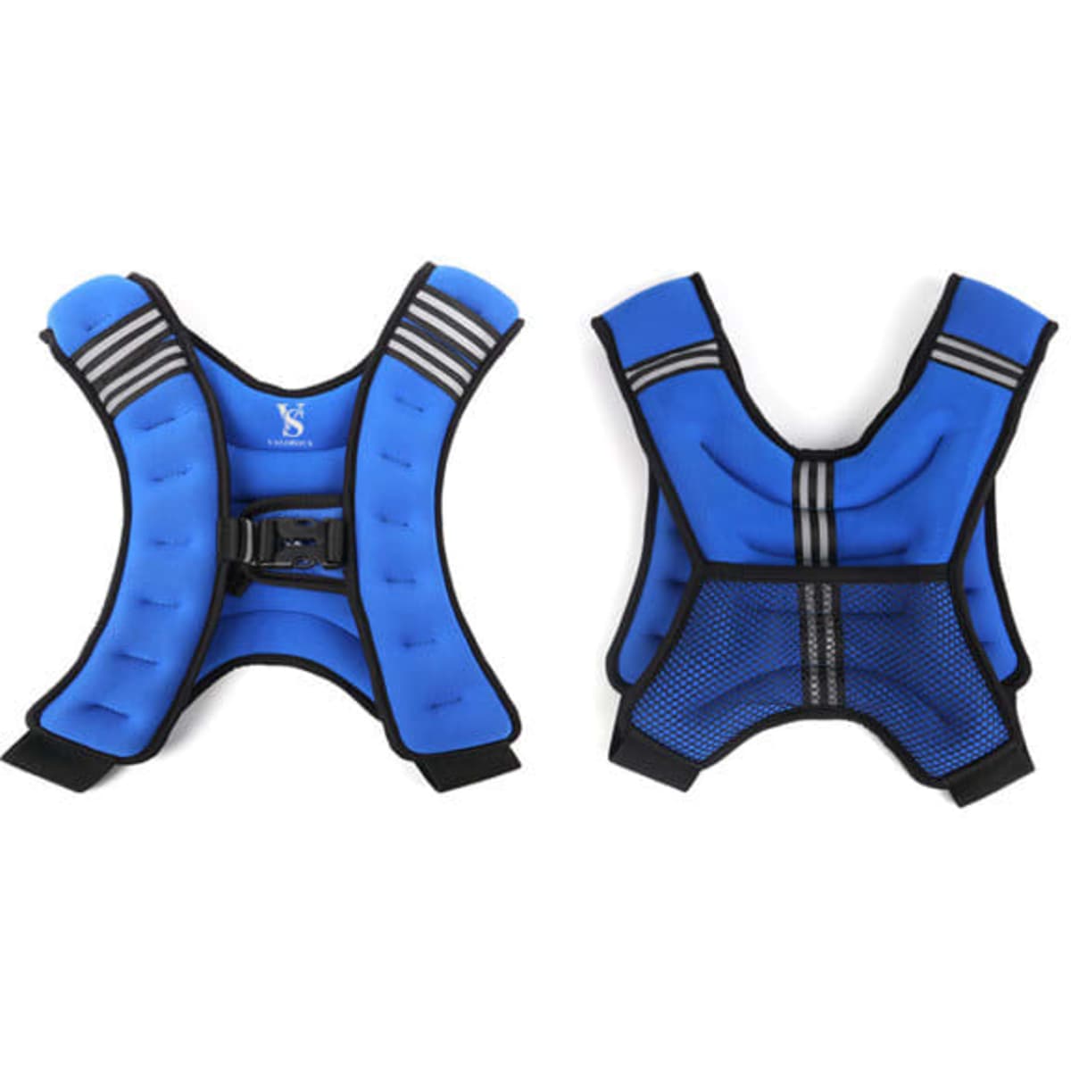 A blue adjustable weighted vest, featuring padded sections and a mesh back, with a fastening strap and logo.