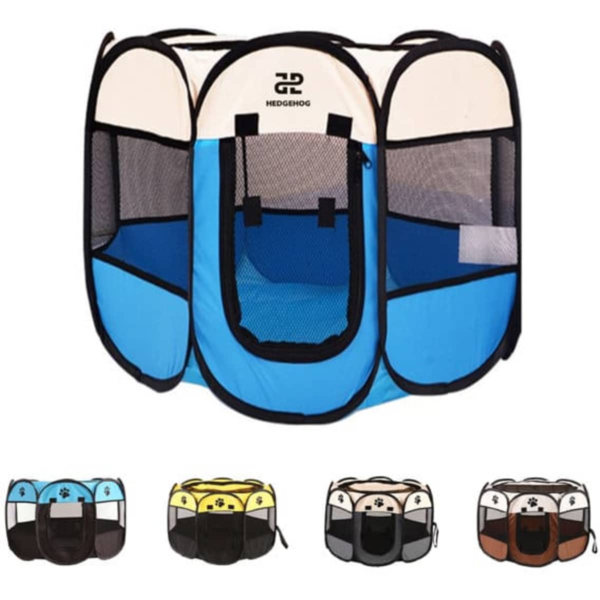A foldable pet playpen in blue with mesh panels and a black trim, featuring four colour options below.