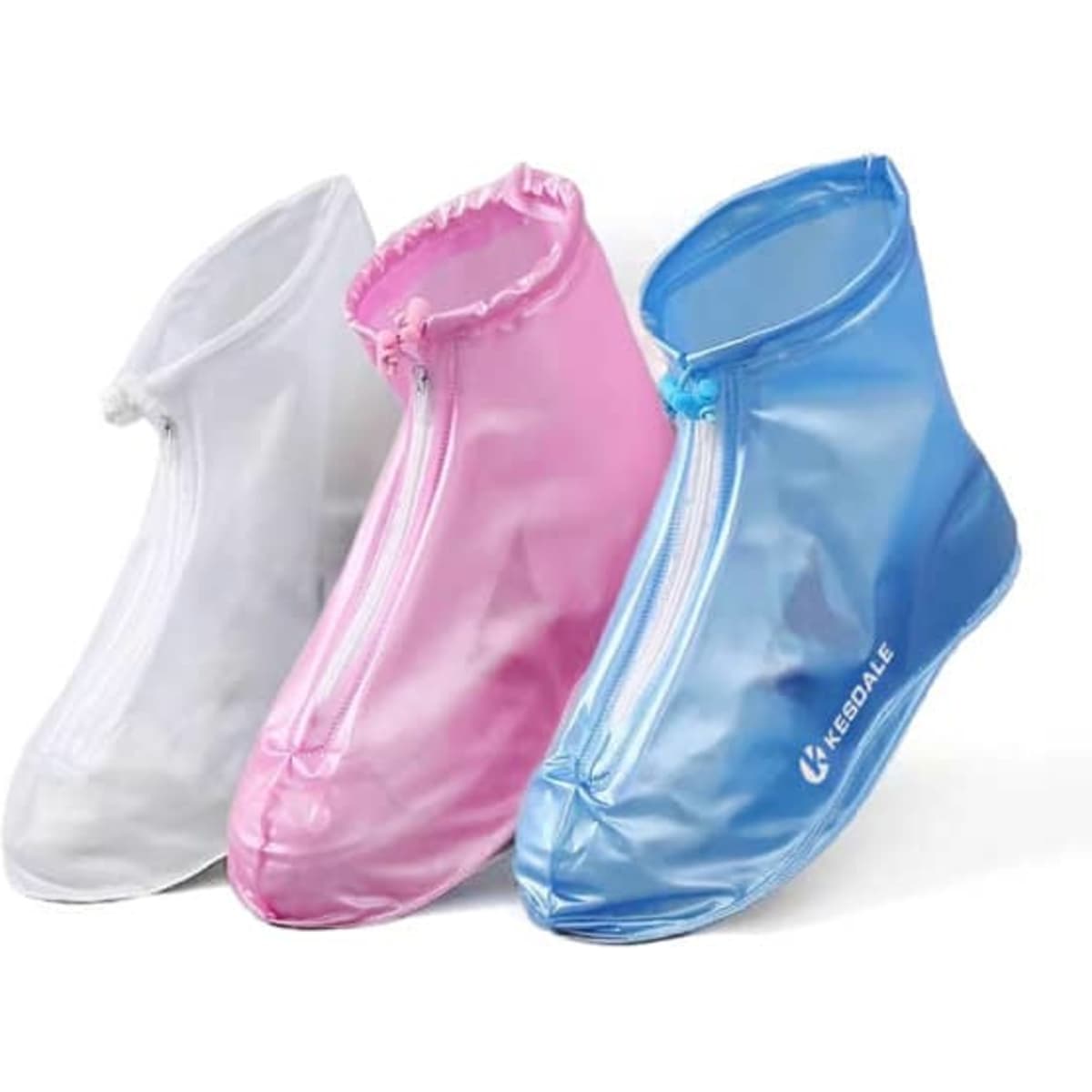 Three pairs of reusable waterproof shoe covers in white, pink, and blue, featuring zippers and a logo.