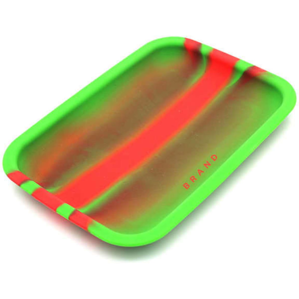A silicone rolling tray in vibrant green and red with a smooth surface and curved edges, featuring a logo.