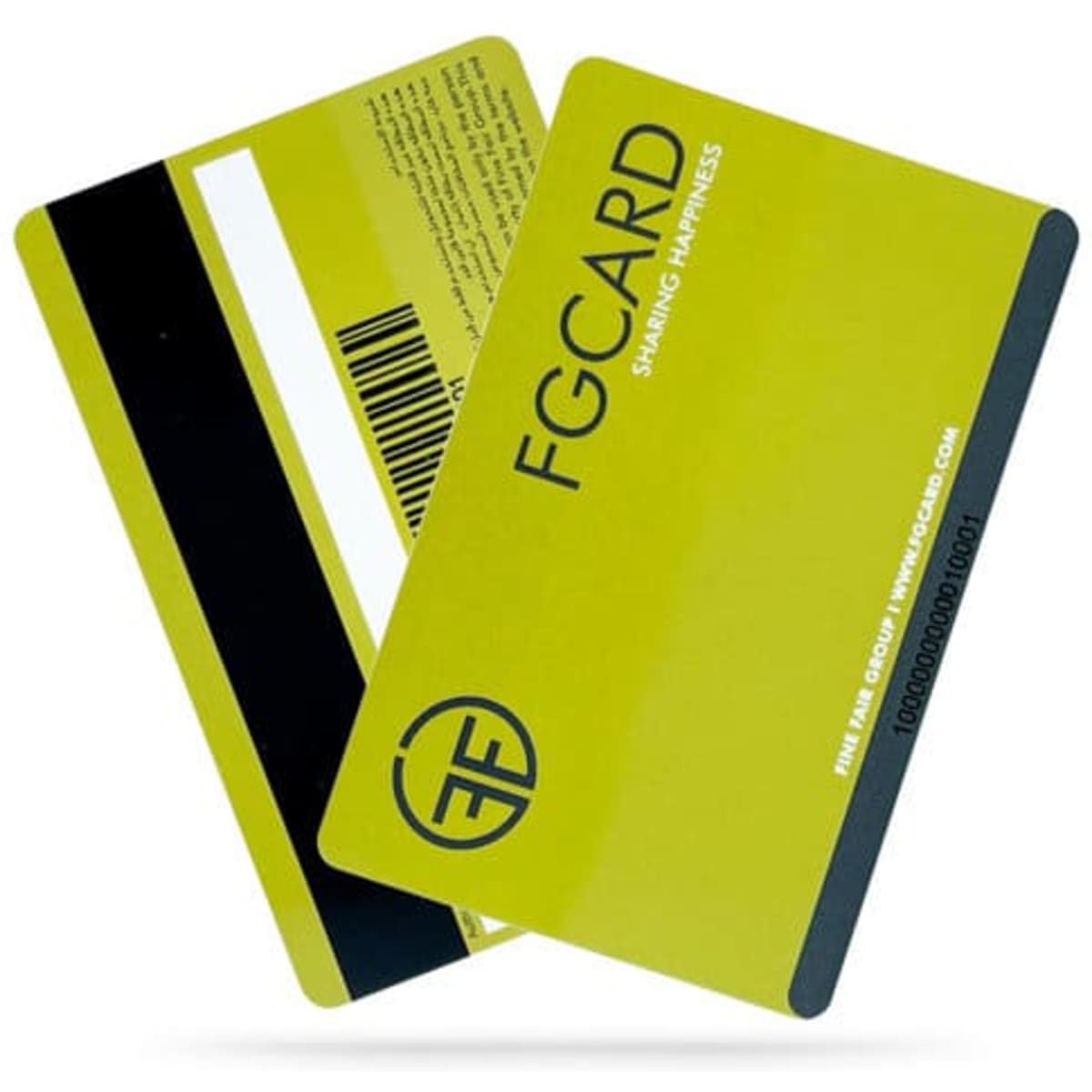 A pair of customised RFID cards in bright yellow with a black stripe and a logo on one side.