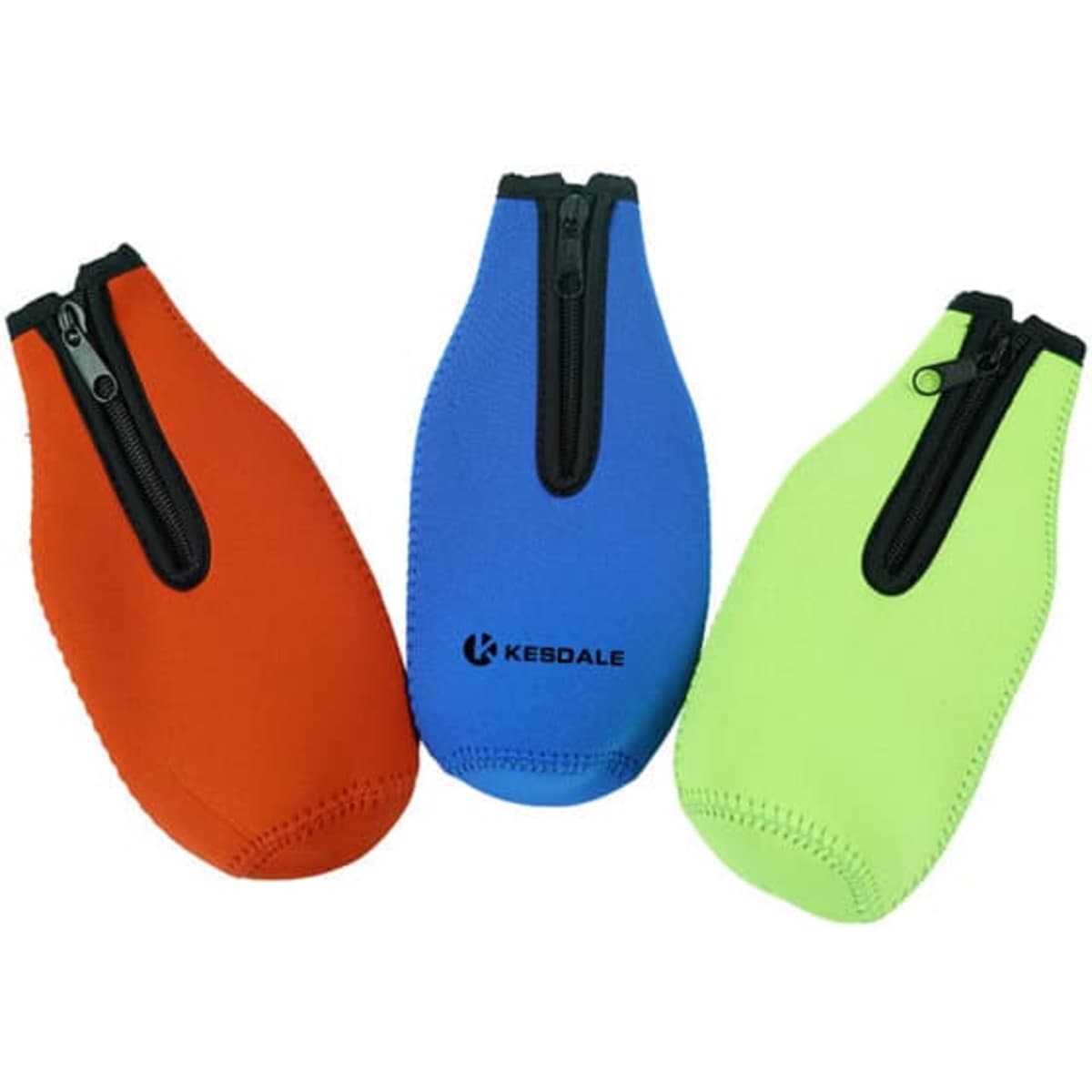 A drink bottle sleeve set featuring orange, blue, and green neoprene materials with zippers and branding.