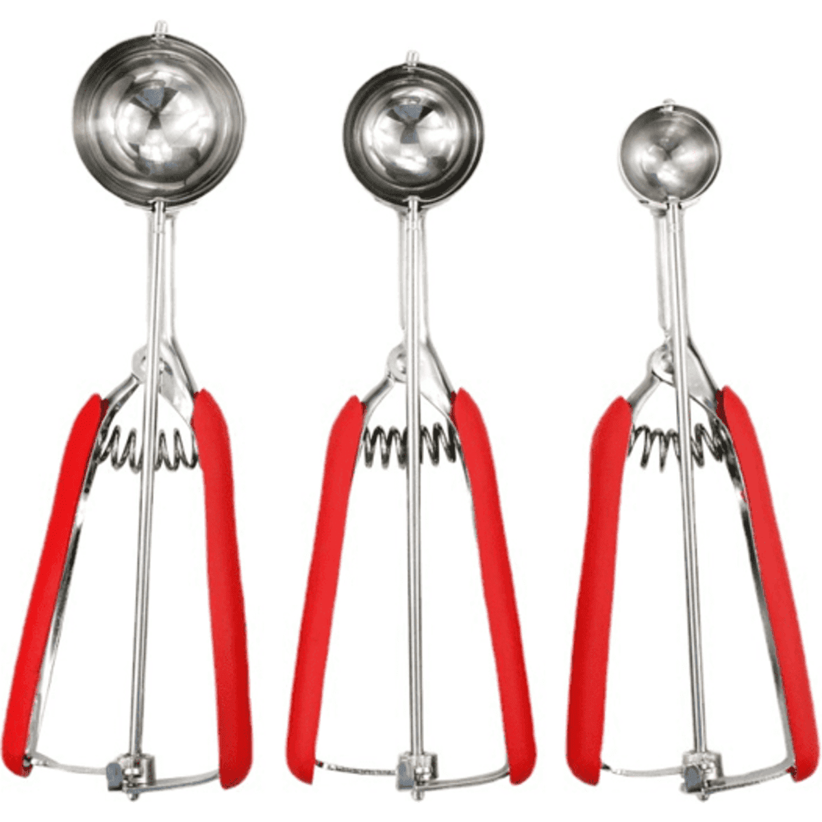 A set of three stainless steel ice cream scoops with red handles, featuring varying scoop sizes.