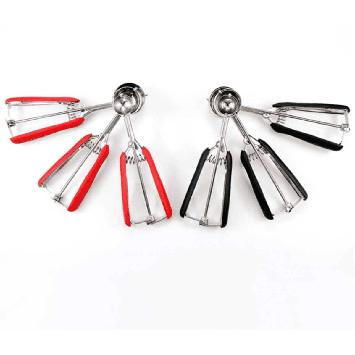 A large multifunctional stainless steel ice cream scoop with red and black silicone grips, featuring a shiny metallic scoop.