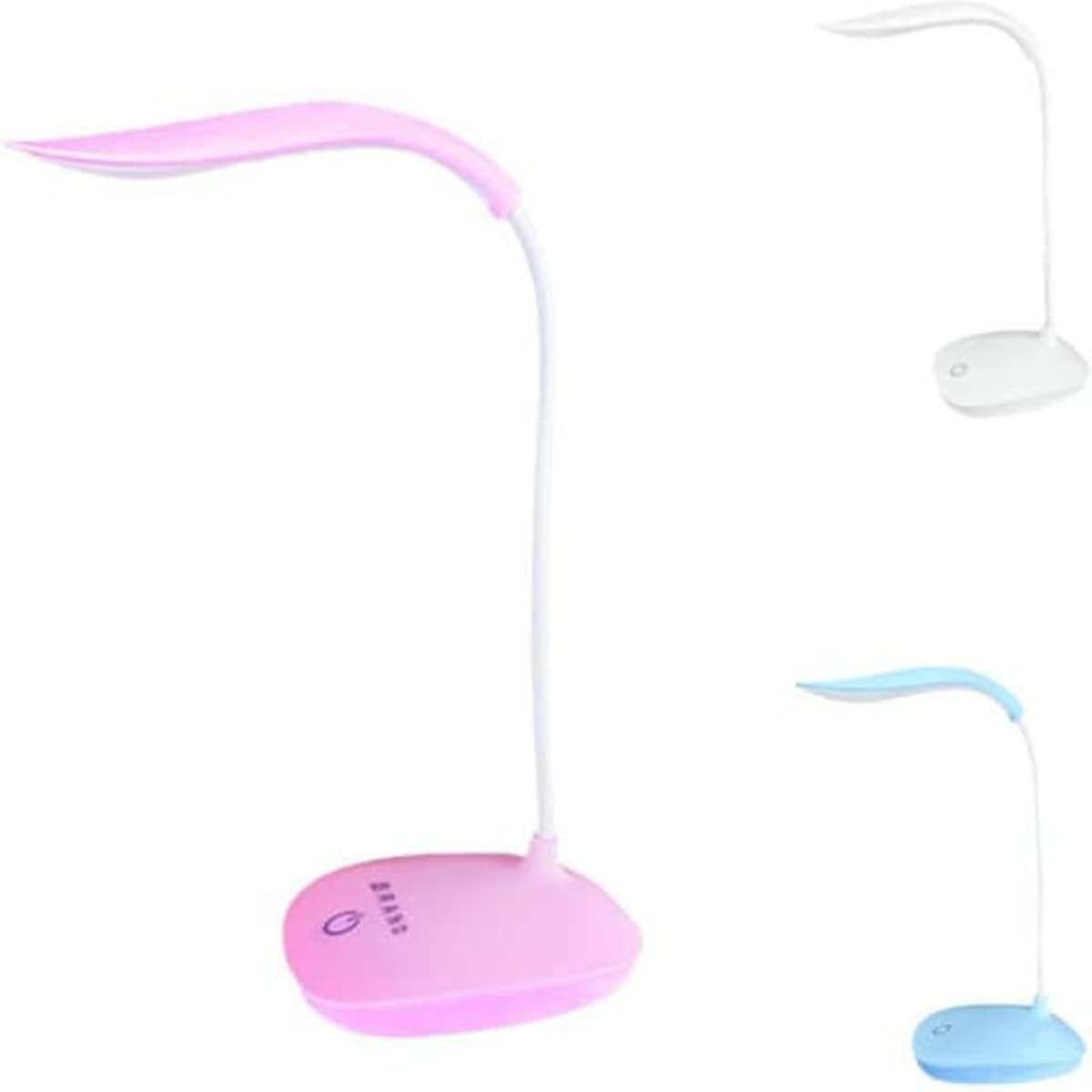A rechargeable LED reading light in pink and blue, featuring a flexible neck and a round base.