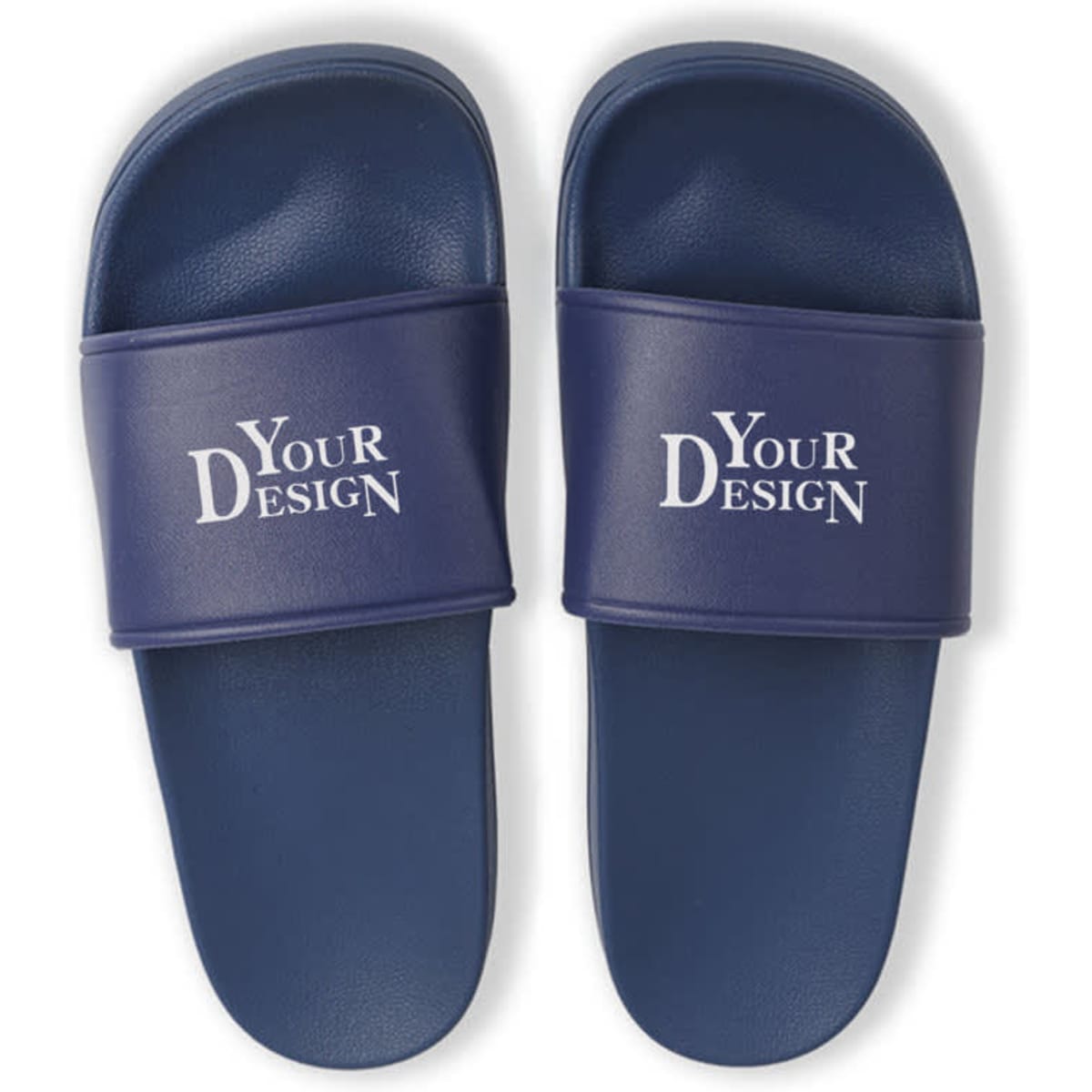 A pair of navy blue PVC non-slip slippers featuring a branded strap.