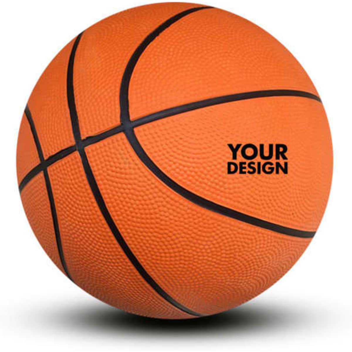 An orange children's rubber basketball with textured surface and black seams, featuring a logo.