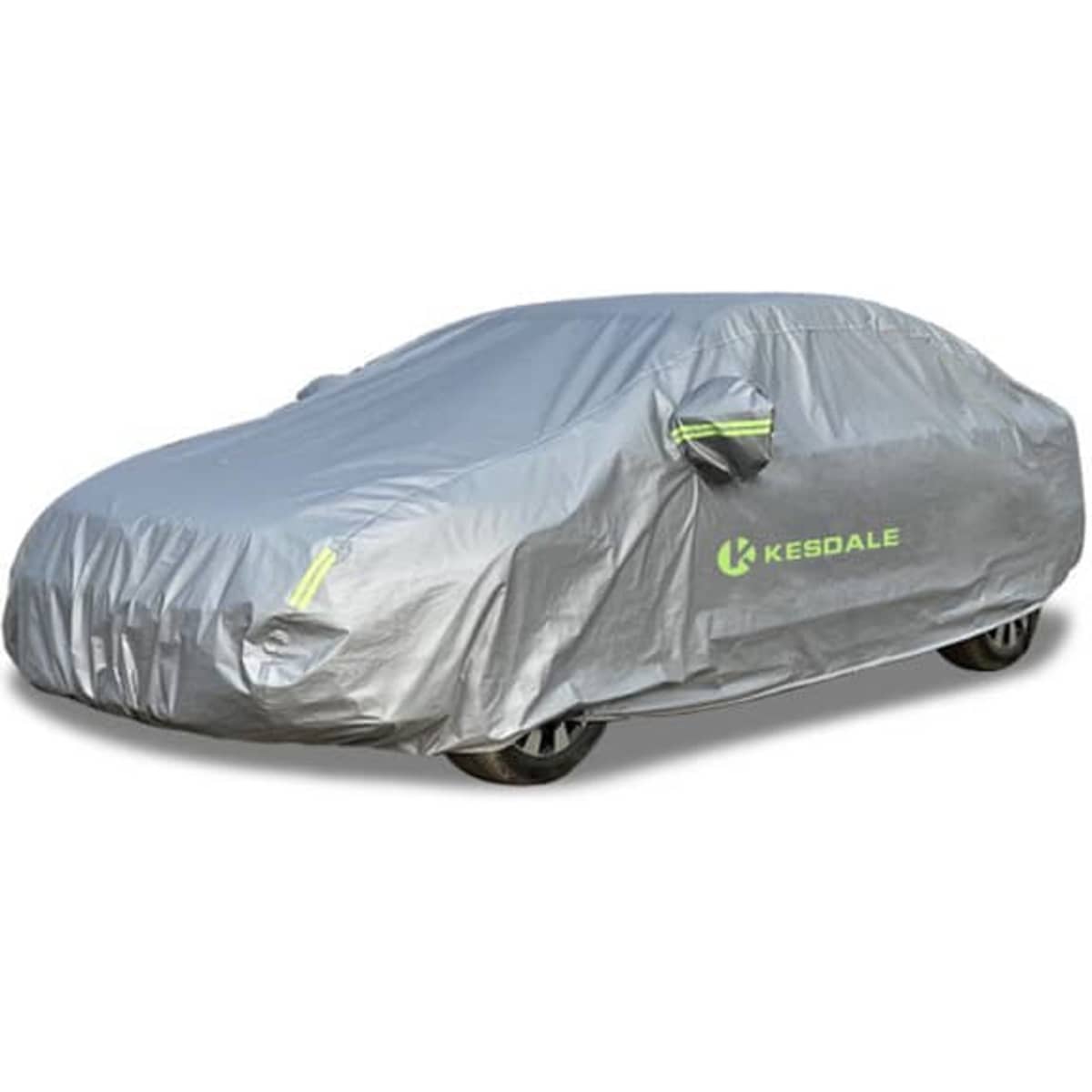 A grey PEVA waterproof car cover fits a vehicle, featuring a logo on the side.