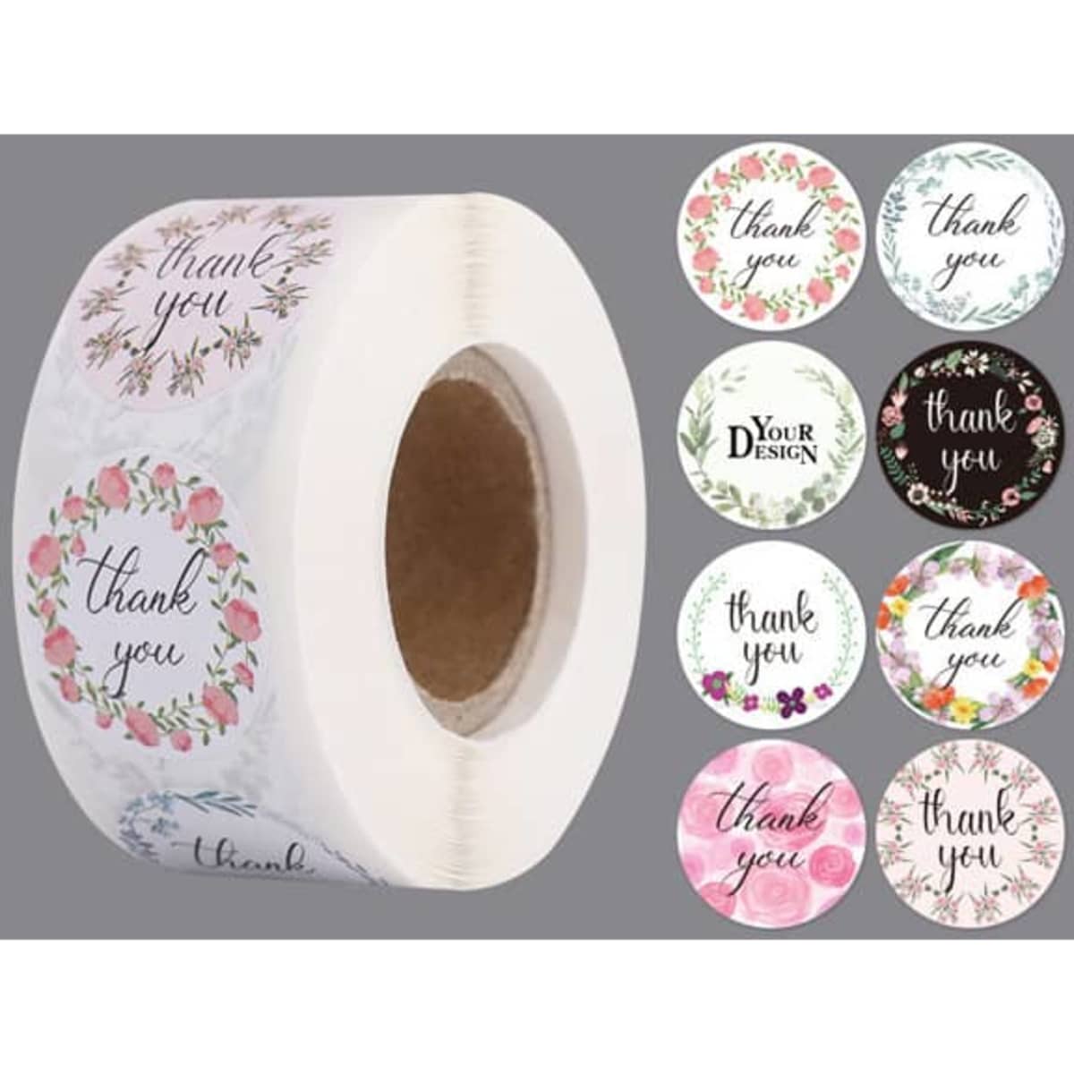 A roll of custom labels featuring floral designs and the phrase "thank you" in various styles and colours.