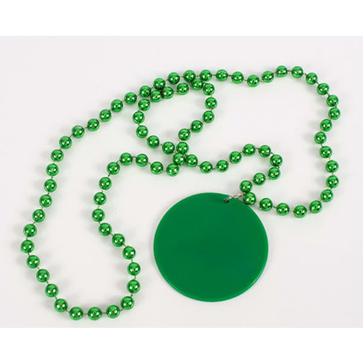 A green bead necklace featuring a large green medallion on a beaded chain.