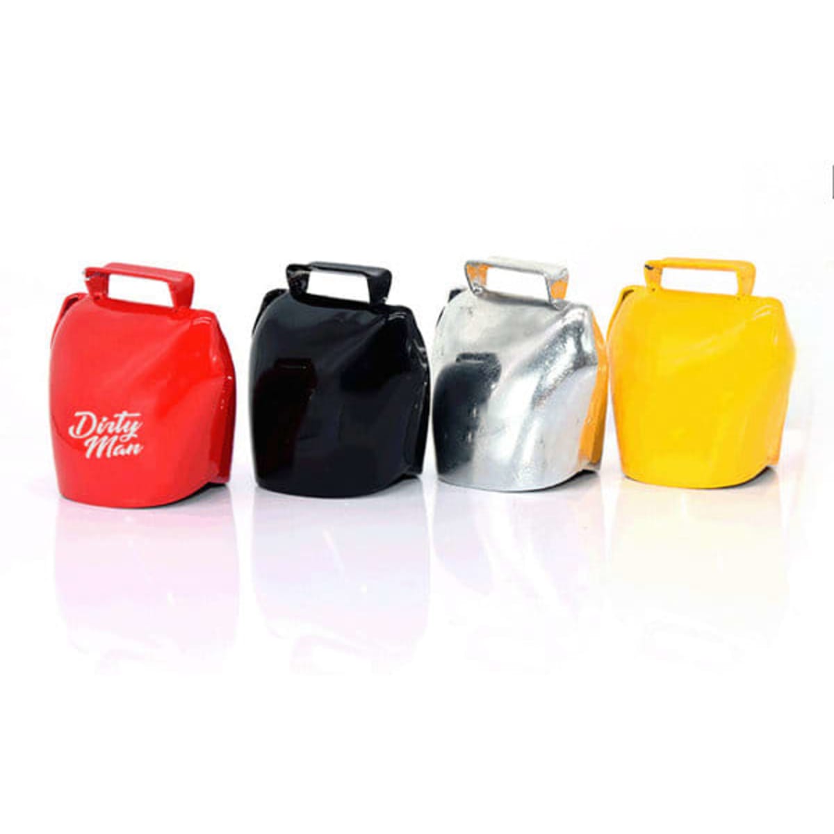 Metal cowbell noisemakers in red, black, silver, and yellow, featuring handles for easy carrying.