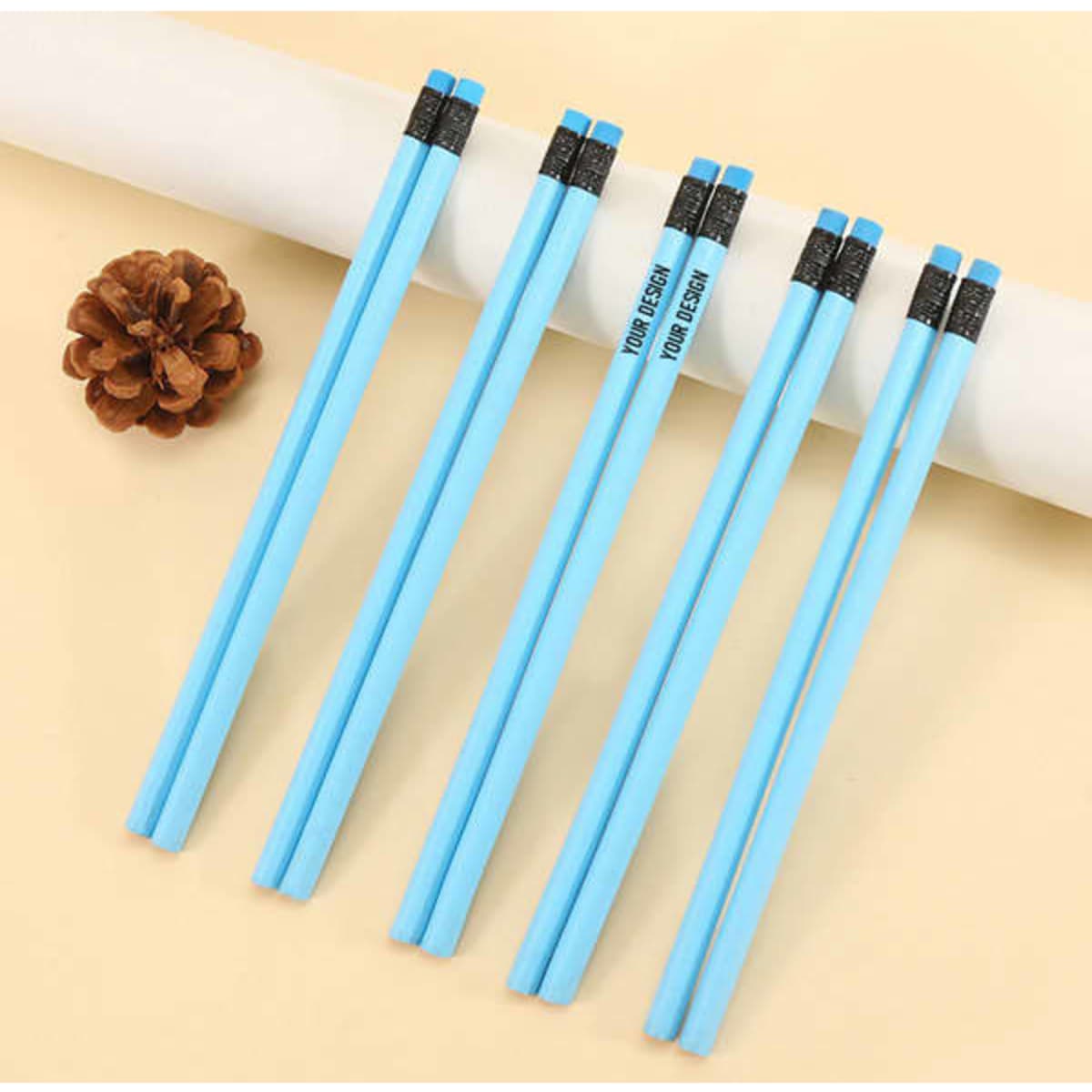 A set of seven custom wooden pencils with erasers, featuring a light blue colour and black tips.