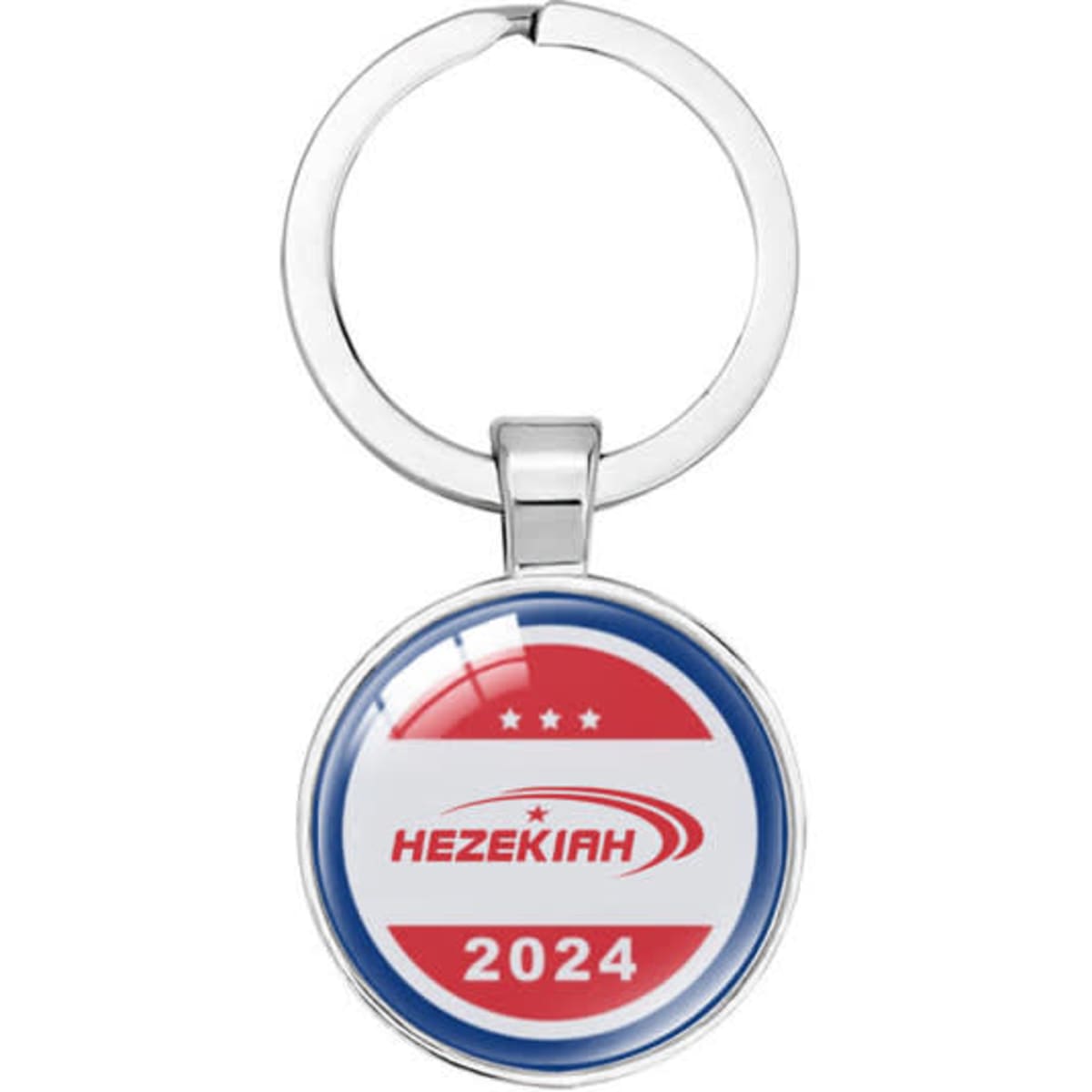 A metallic keychain featuring a circular design with red, white, and blue colours, and a logo.