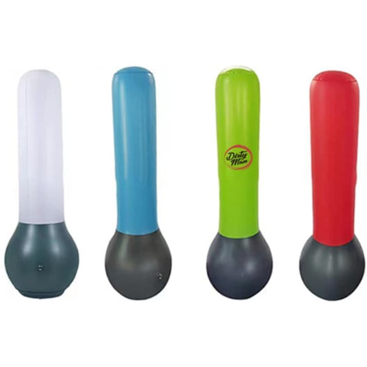 Four inflatable PVC punching bags in various bright colours: blue, green, red, and white, each with a round base.