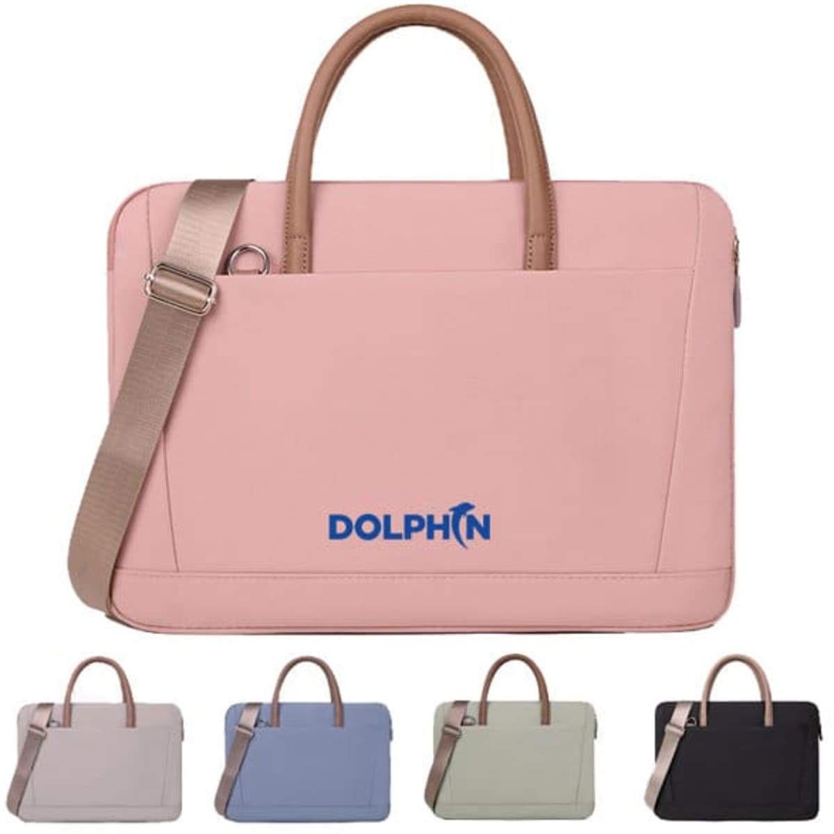 A laptop briefcase shoulder bag in pink with a logo, featuring handles and a removable strap. Available in multiple colours.