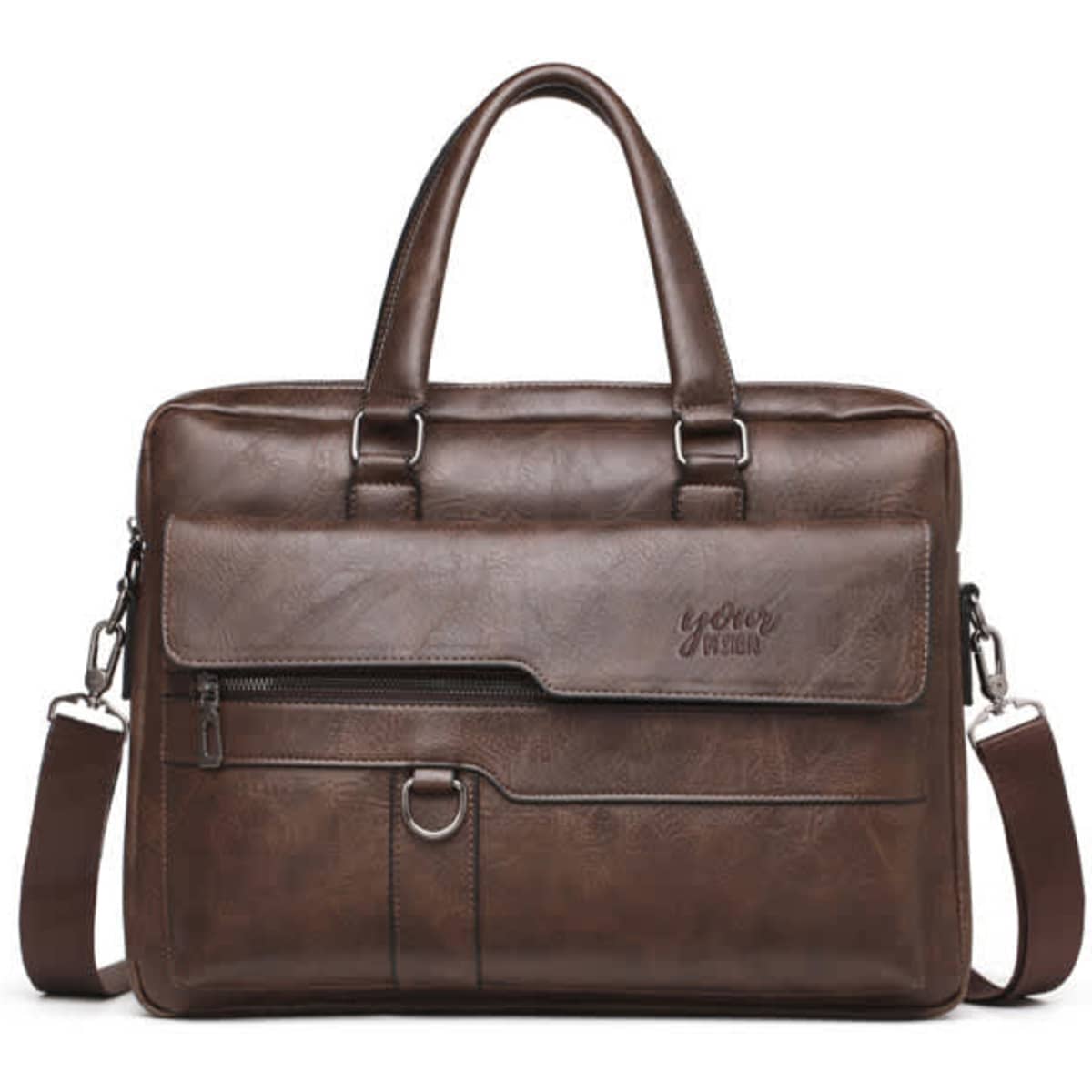 A brown PU leather messenger bag with double handles, a shoulder strap, and various compartments. It features a logo.