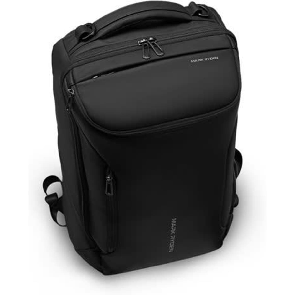 A black waterproof laptop backpack with multiple zippers and adjustable straps, featuring a sleek design and logo.