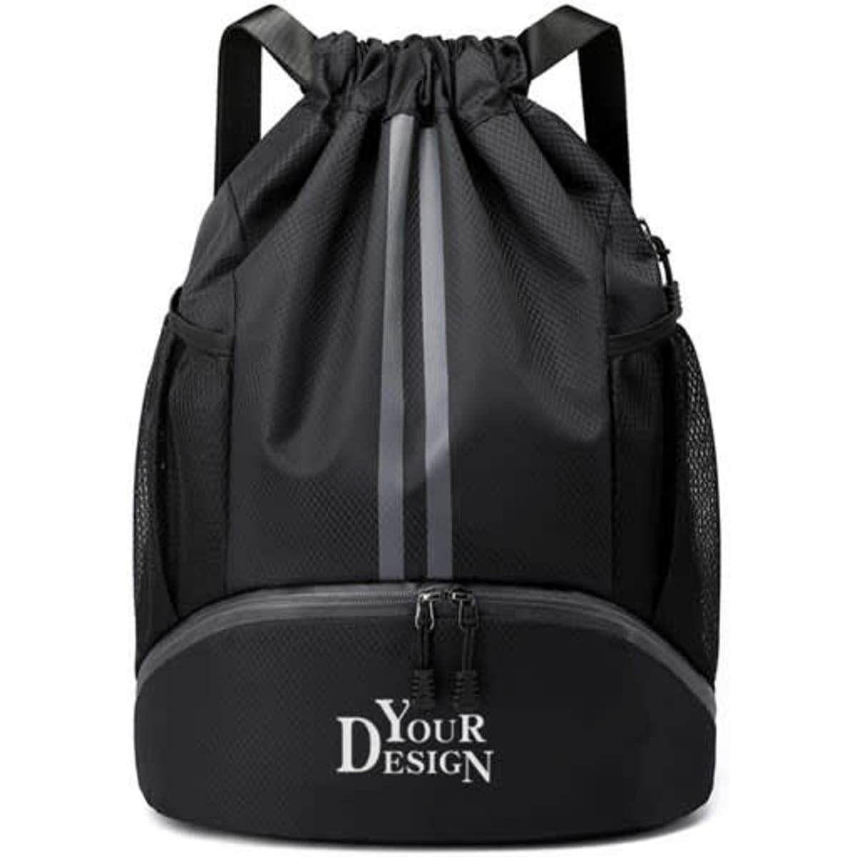 A black waterproof drawstring gym backpack with mesh side pockets and a zippered bottom compartment. It features a logo.
