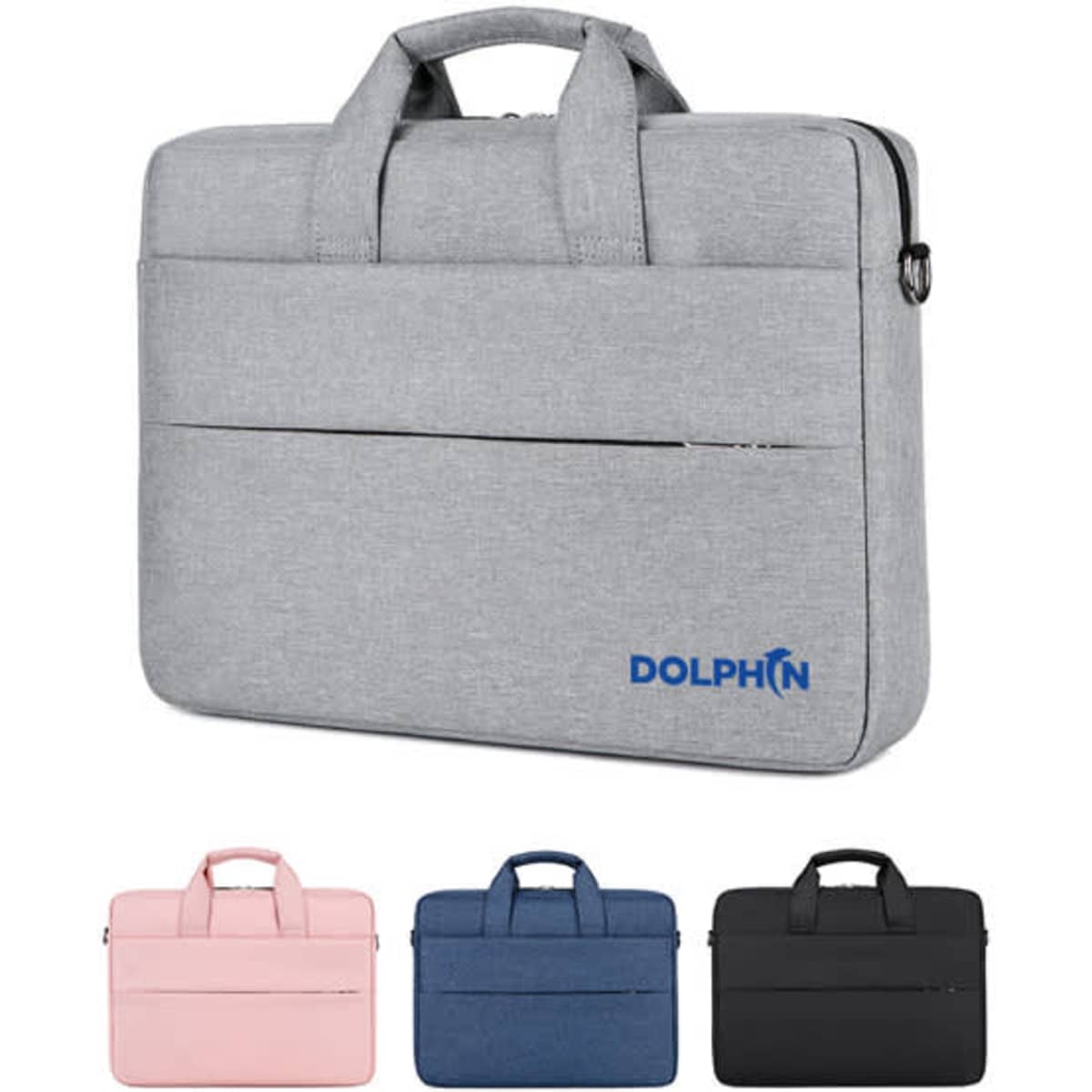 A grey laptop sleeve with a shoulder strap, featuring multiple zippered pockets, and available in pink, blue, and black.