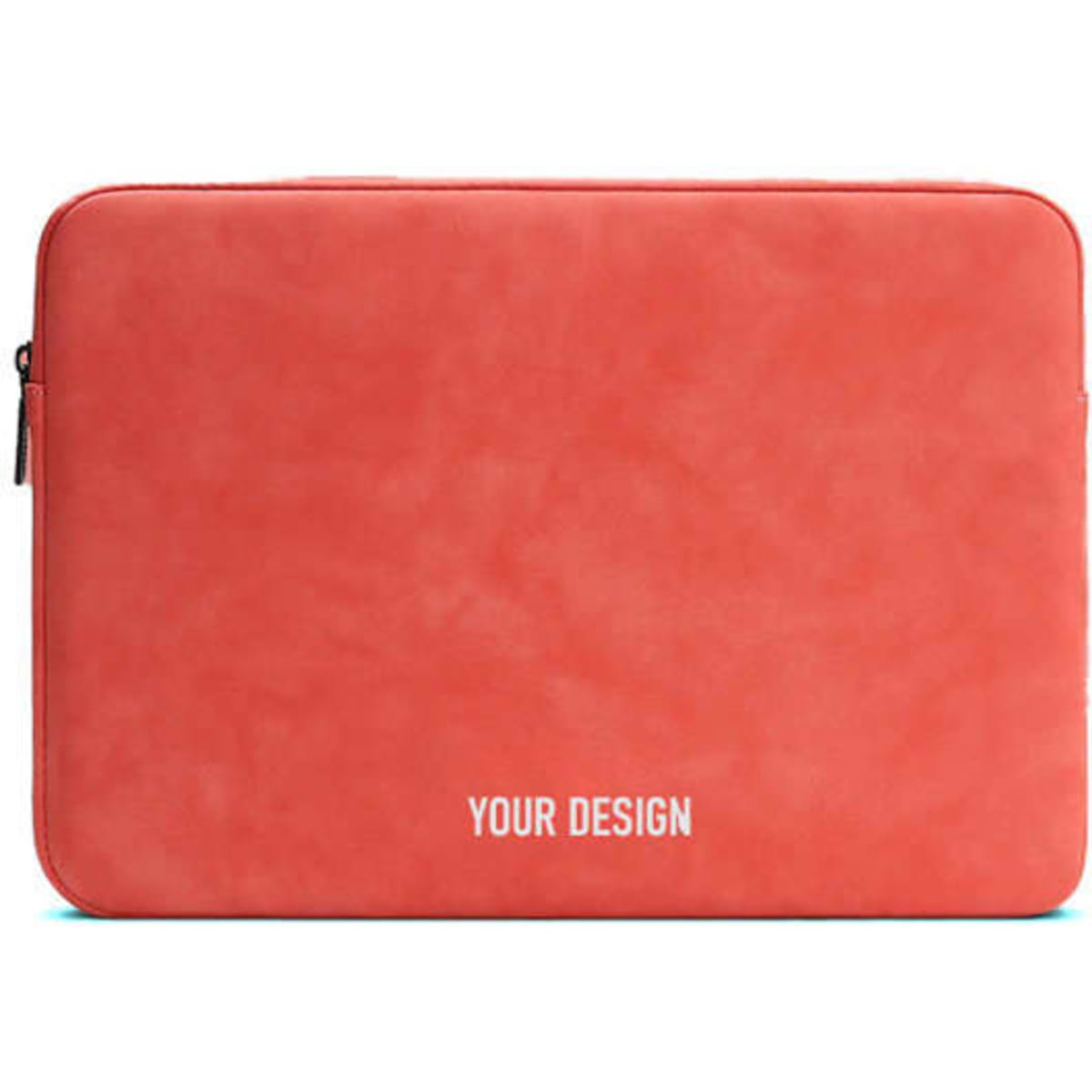 A coral laptop sleeve with a smooth finish and a logo, featuring a plain design for customisation.