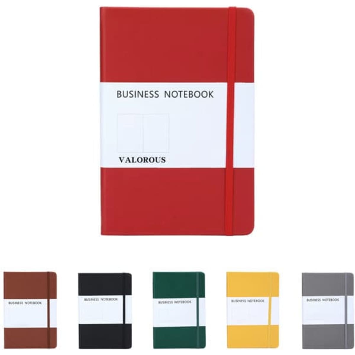 A red PU hardcover notebook with a strap, accompanied by notebooks in brown, black, green, and yellow.