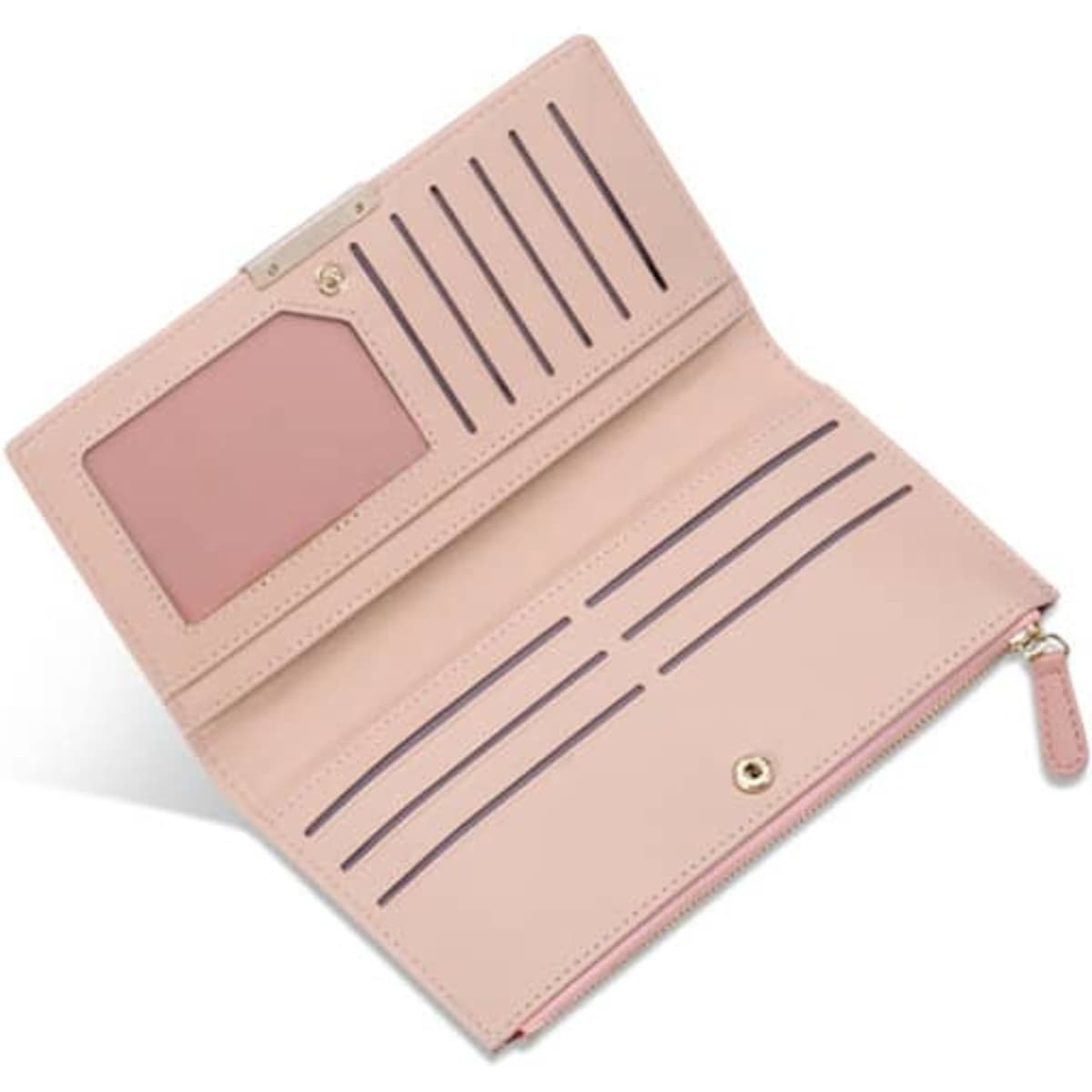 A pink PU leather long wallet featuring multiple card slots and a clear ID window, with a zip closure.