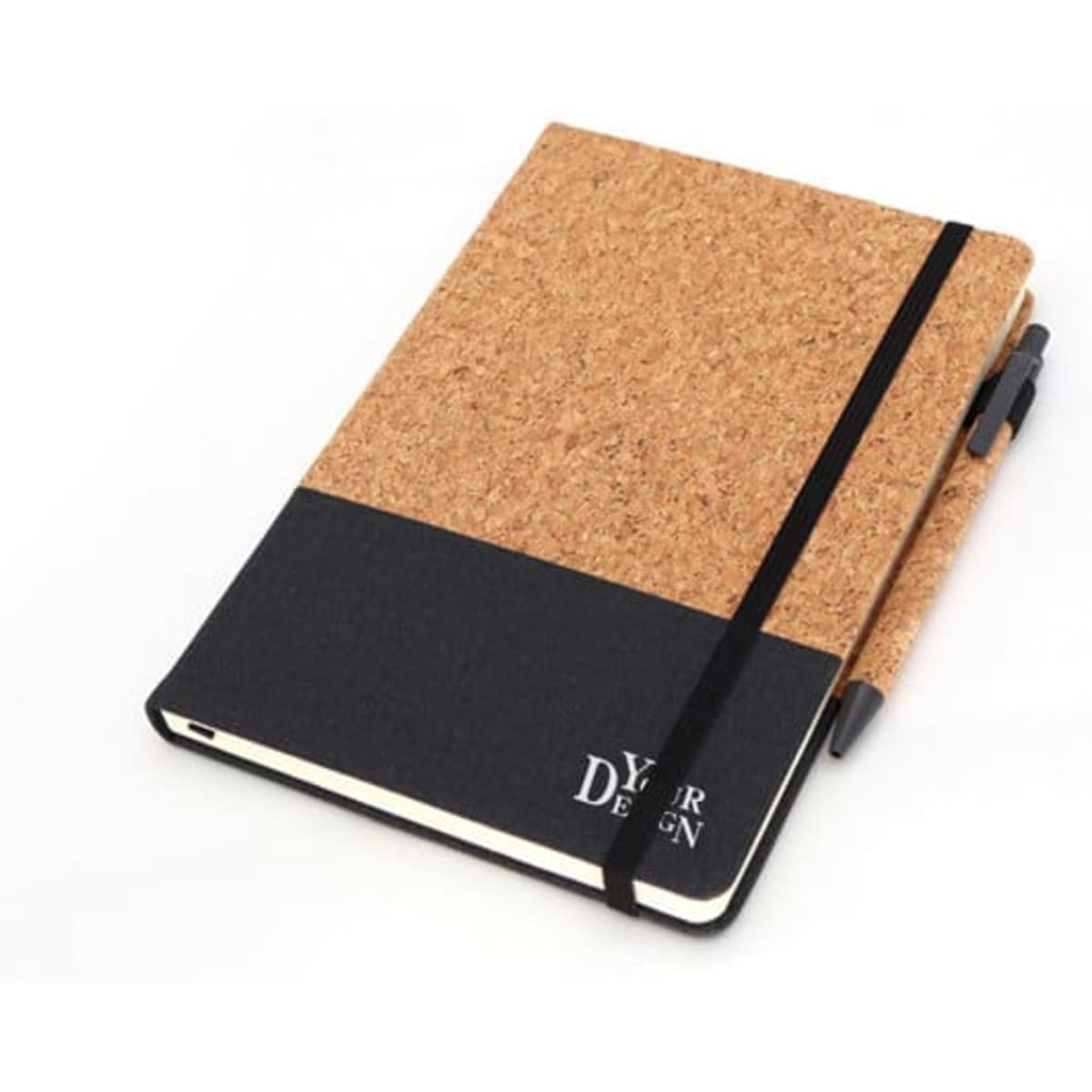 A5 cork notebook in tan with a black lower section, accompanied by a matching pen. Features an elastic closure and branding.