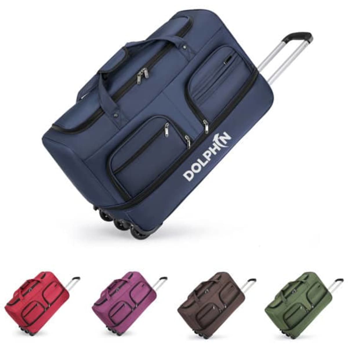 A wheeled travel luggage suitcase in navy blue with multiple zippers, featuring a logo and available in five other colours.