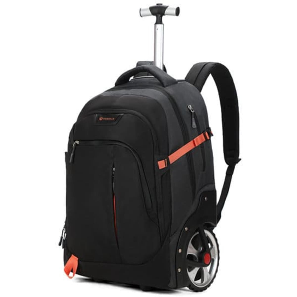 A black trolley backpack with wheels features orange accents and adjustable straps. It has a sturdy handle and multiple pockets.