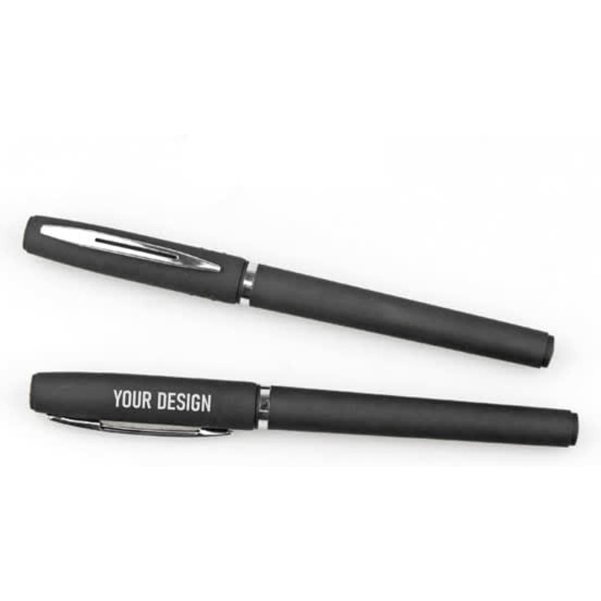 A black custom rollerball pen with a smooth matte finish and a branding option on the barrel.