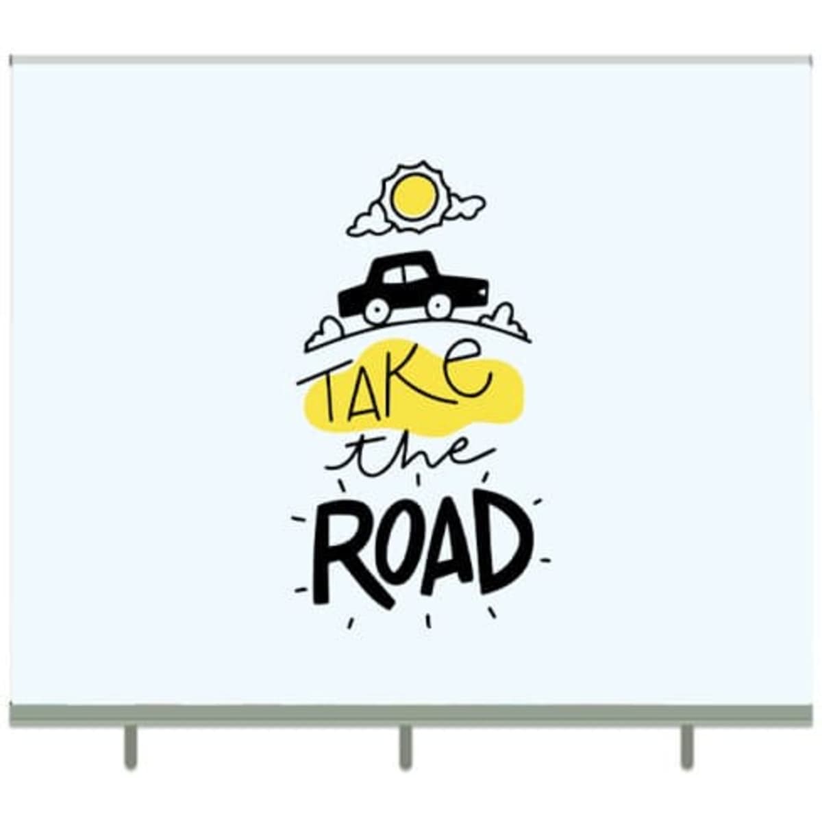 A retractable banner stand with a light blue background featuring a black car, clouds, a sun, and playful typography.