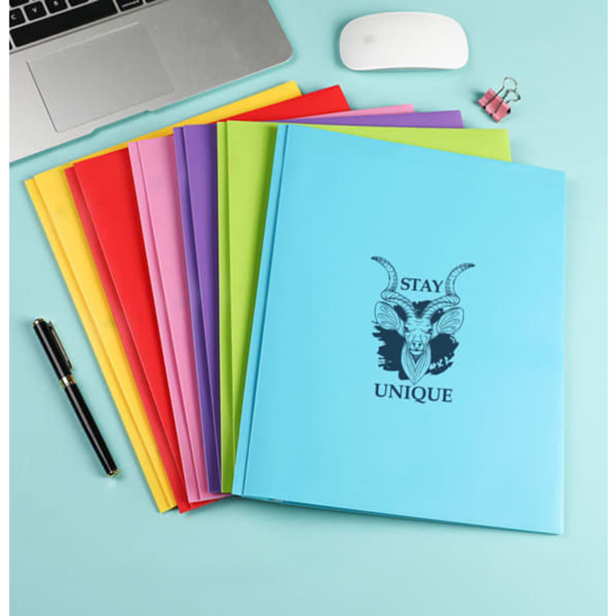 A range of plastic folders in colours including blue, yellow, red, green, and purple, featuring a logo on the front.