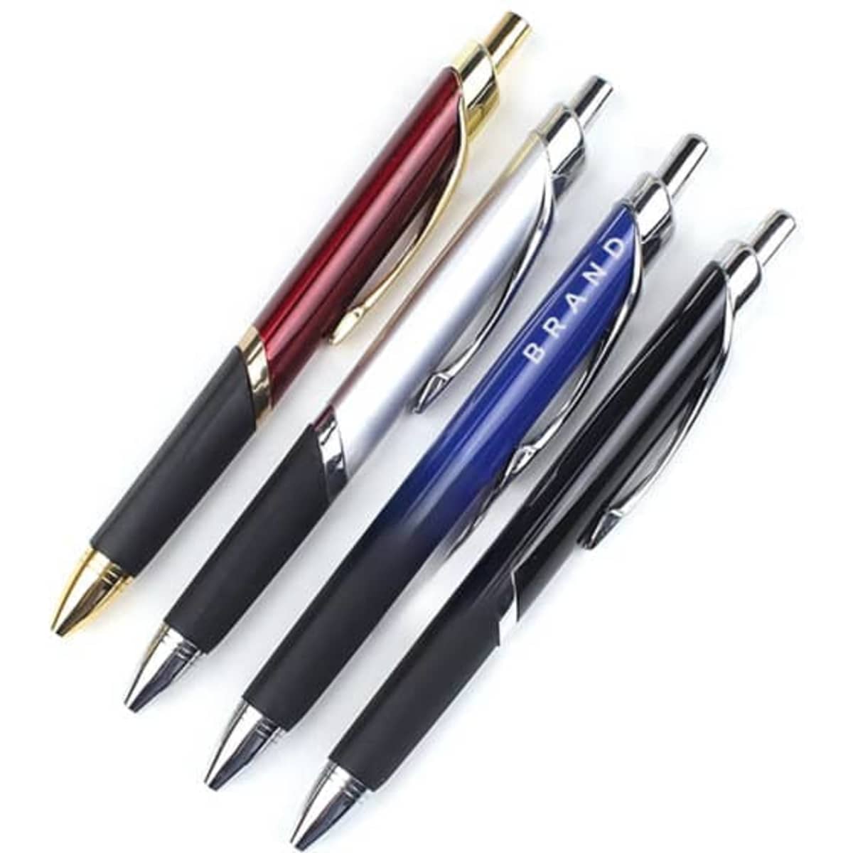 Four ballpoint pens with rubber grips in red, silver, blue, and black, each featuring a logo.