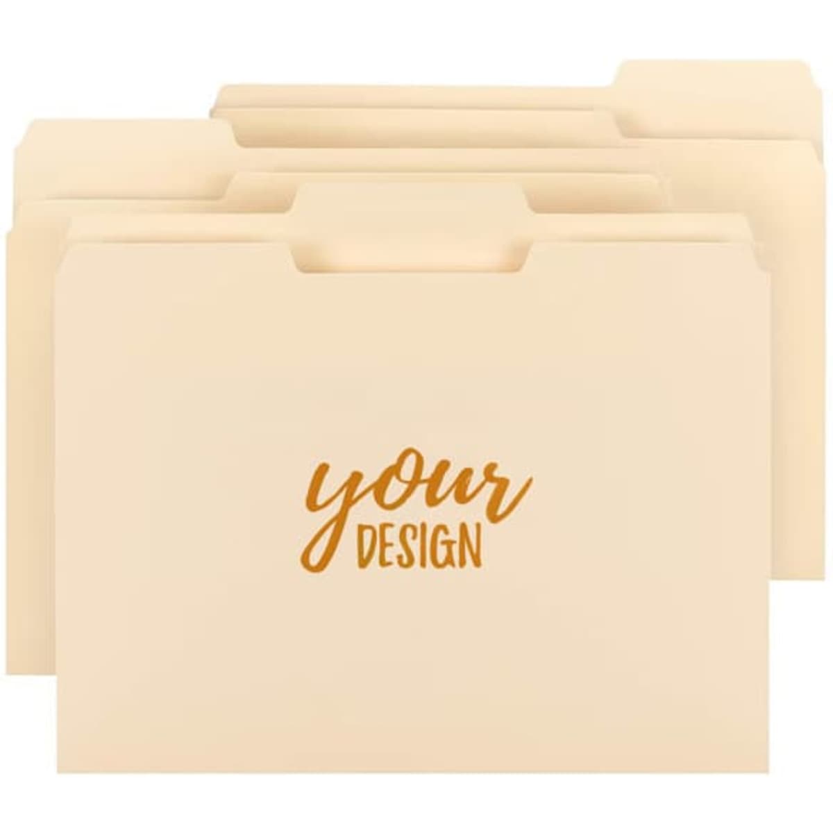 A set of beige Manila file folders with a simple design and a logo in the corner.