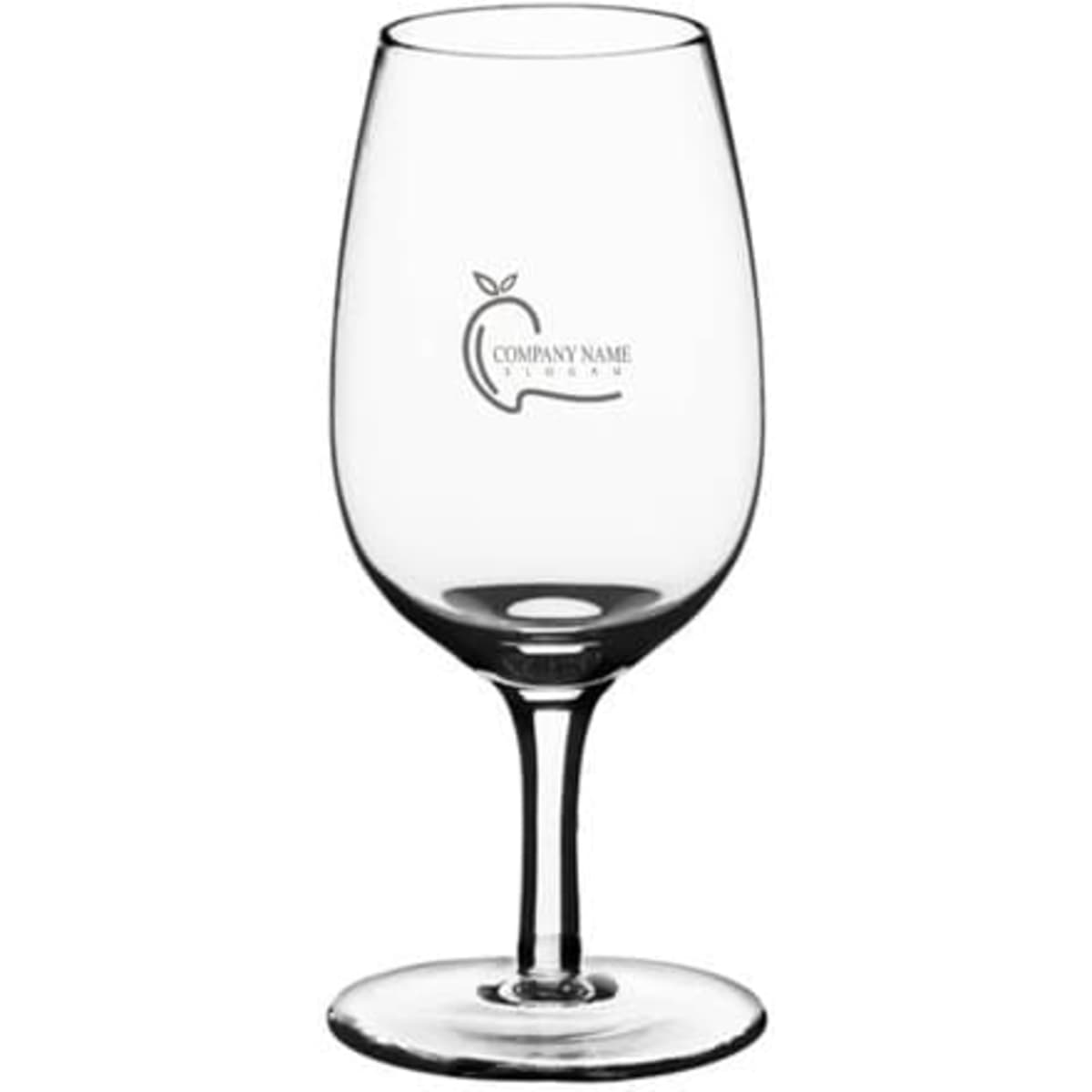 A crystal wine glass with a clear finish and a logo, featuring a classic shape and a sturdy base.
