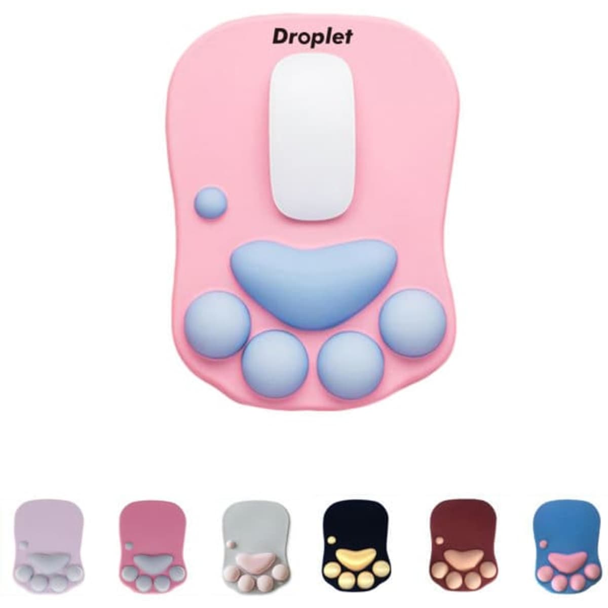 A pink cat paw-shaped wrist rest mouse pad with a smooth surface and rounded, raised buttons. Available in multiple colours.