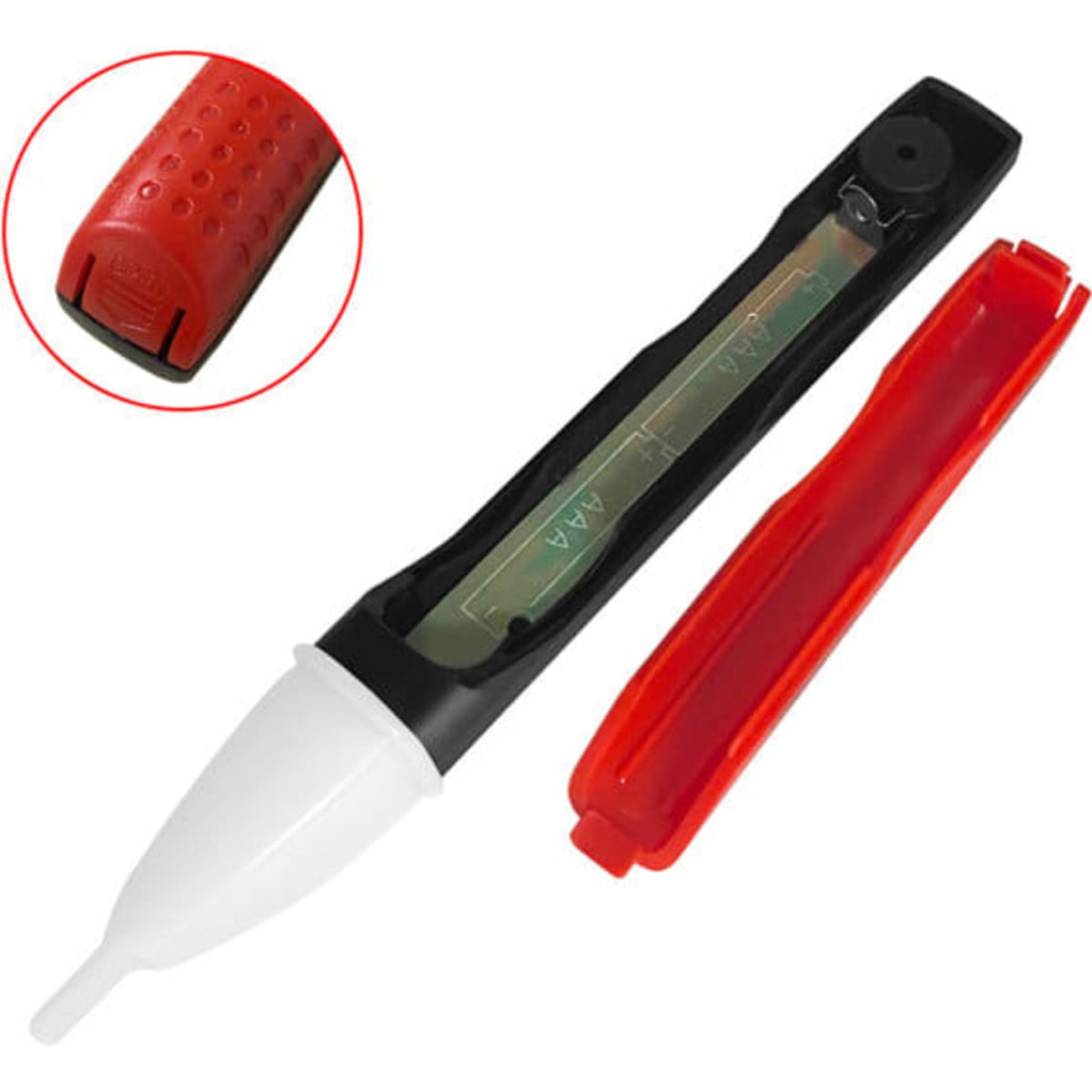 A non-contact voltage detector pen in red and black with a white tip and removable cap. Features a logo.