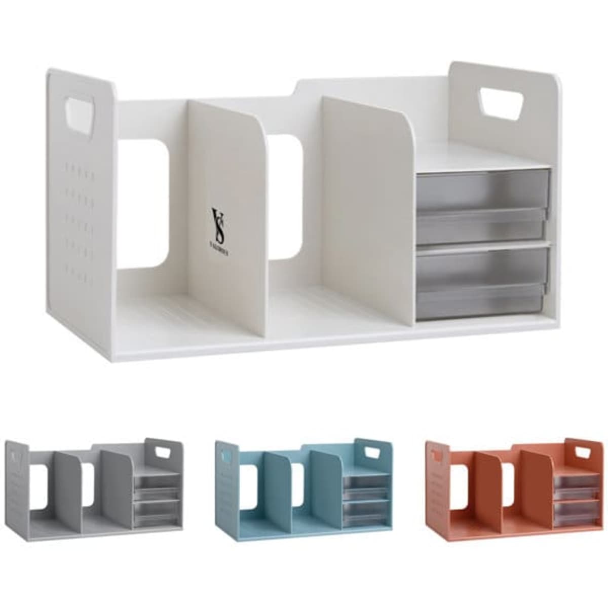 A plastic desktop bookshelf in white featuring grey drawers and compartments, with options in blue, orange, and grey.