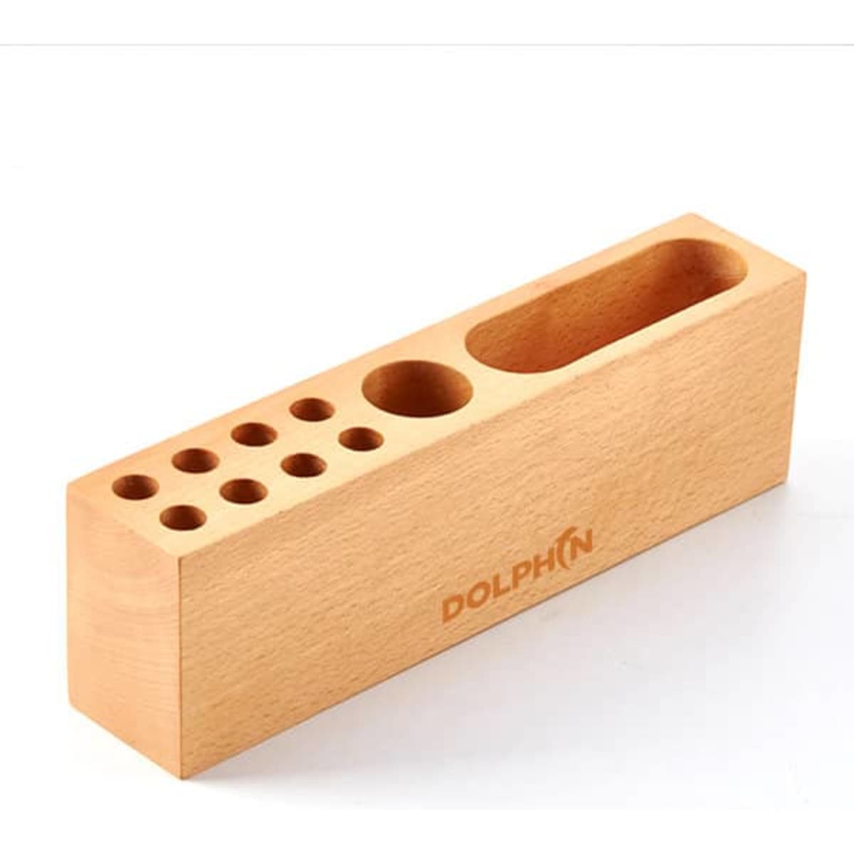 A wooden pen holder in natural finish with multiple holes for pens and a slot for larger items. It has a logo.