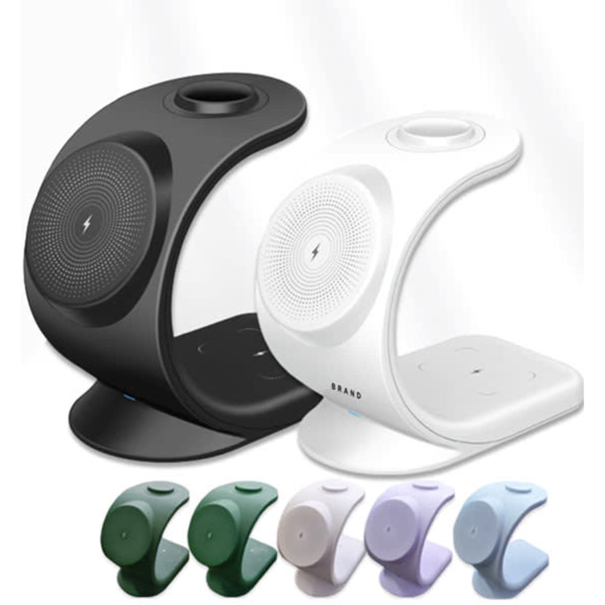A vertical wireless charger in black and white, with a sleek design. Available in various pastel colours.