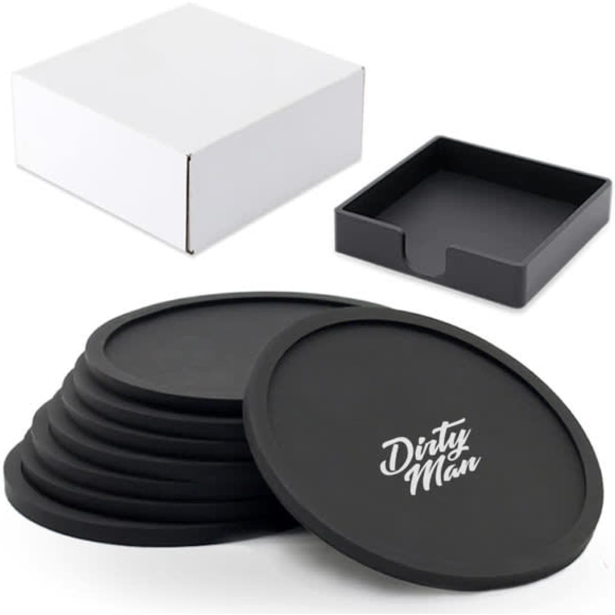 A set of black round silicone coasters stacked beside an open black box and a white square box.